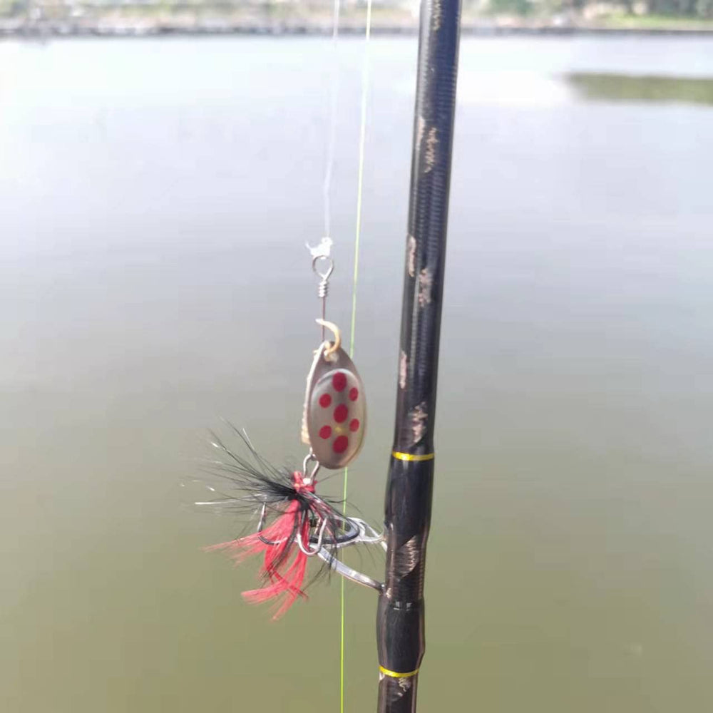 Close-up of treble hooks on spinnerbait lures