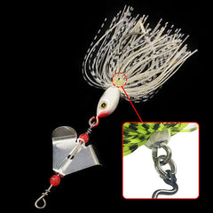 Close-up of windmill blade and colorful jig skirts on a spinnerbait