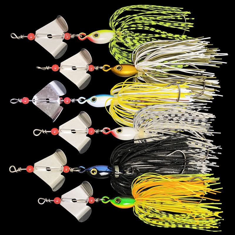 Six spinnerbait lures laid out with weights 18.5g each