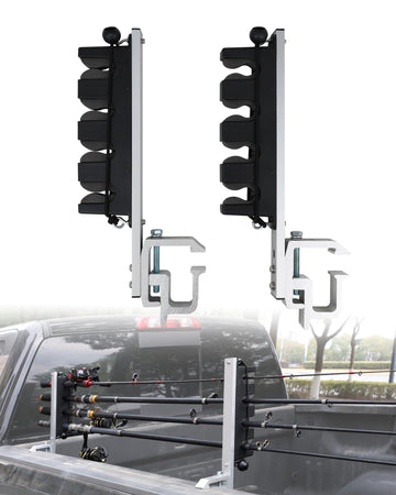 SPIRRELAB aluminum fishing rod holder mounted in a truck bed holding four rods