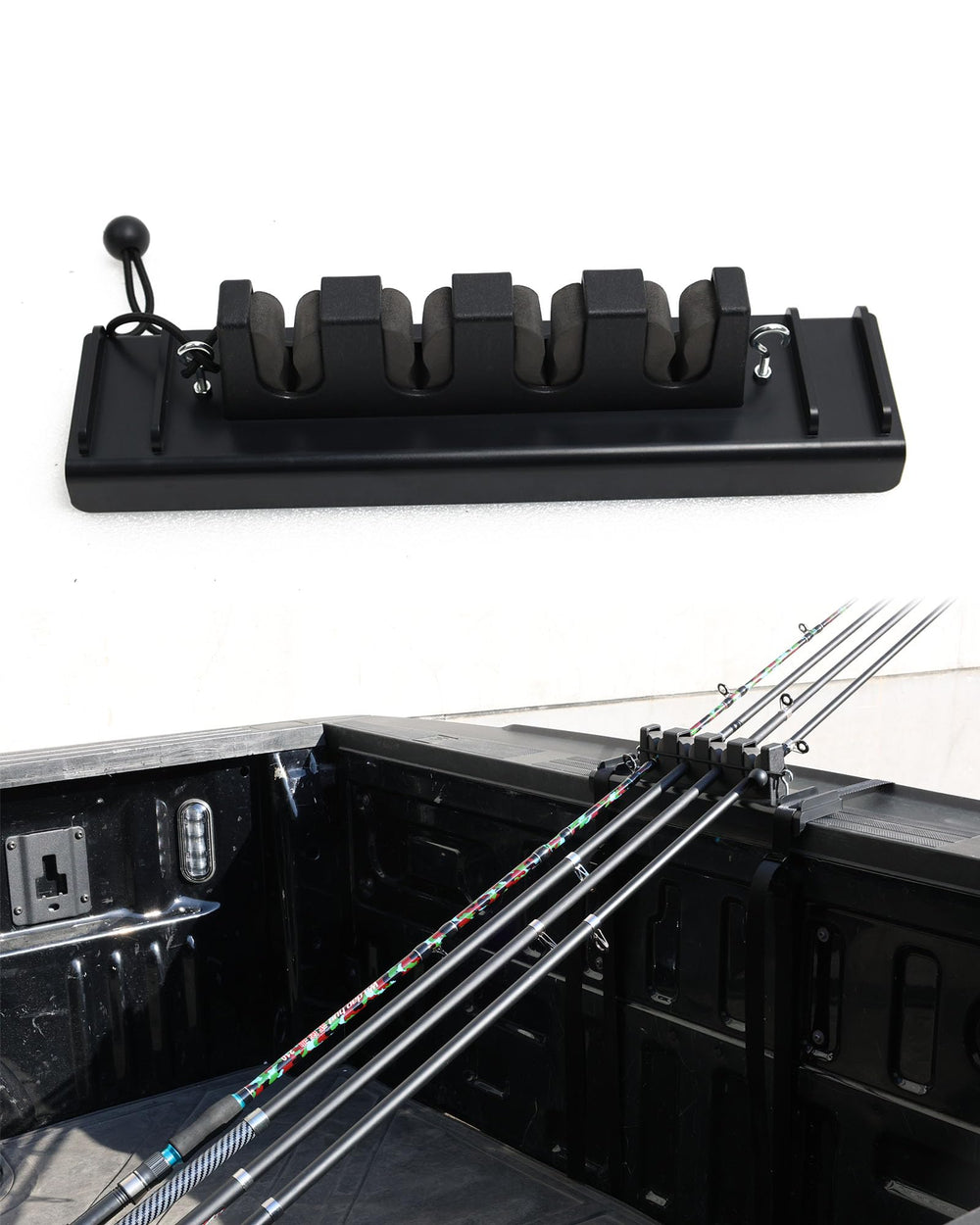 SPIRRELAB fishing rod holder mounted on a truck tailgate holding four rods with foam protection