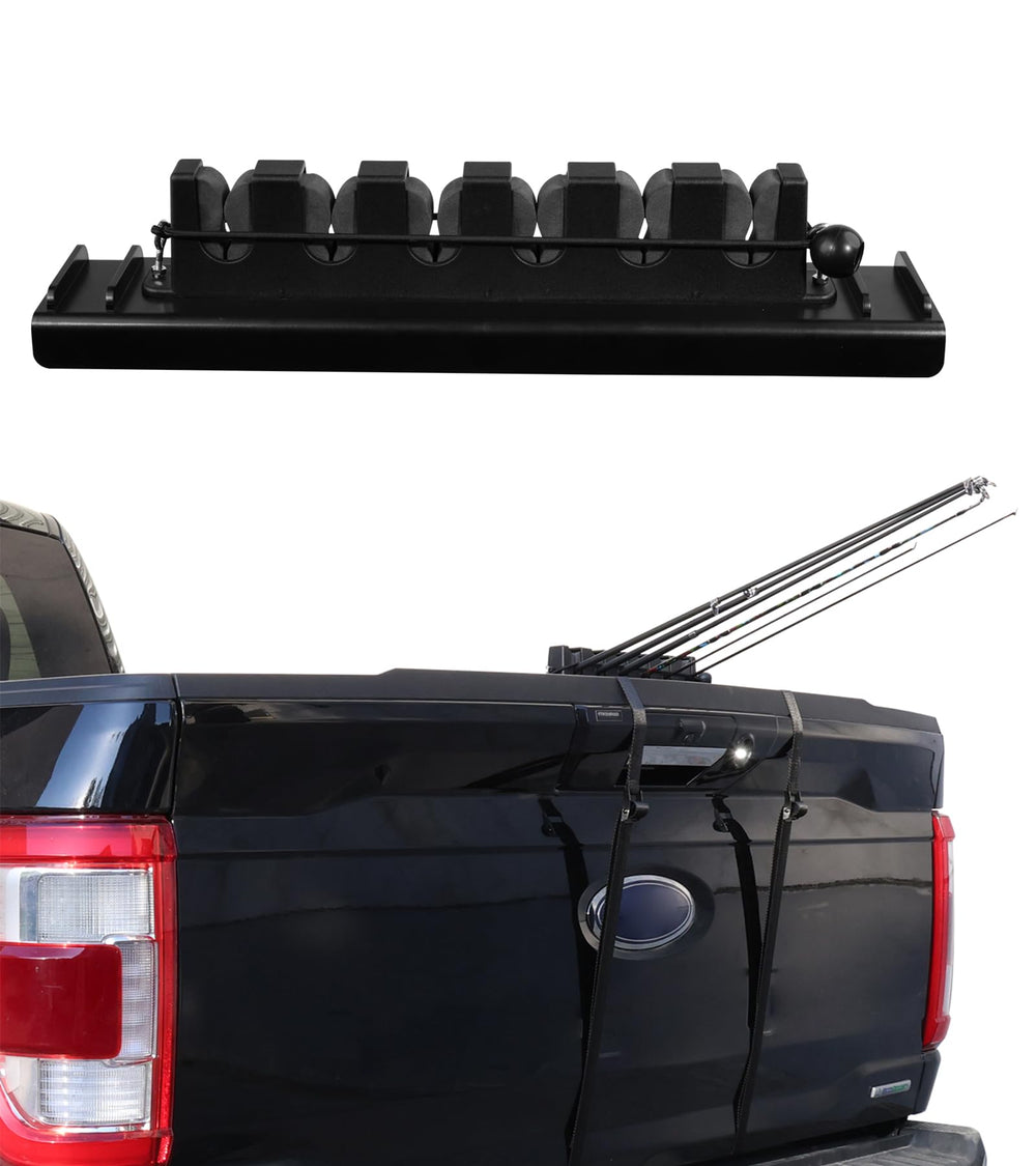 SPIRRELAB fishing rod holder mounted on a truck tailgate with six-rod capacity for secure transport.