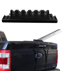 SPIRRELAB fishing rod holder mounted on a truck tailgate with six-rod capacity for secure transport.