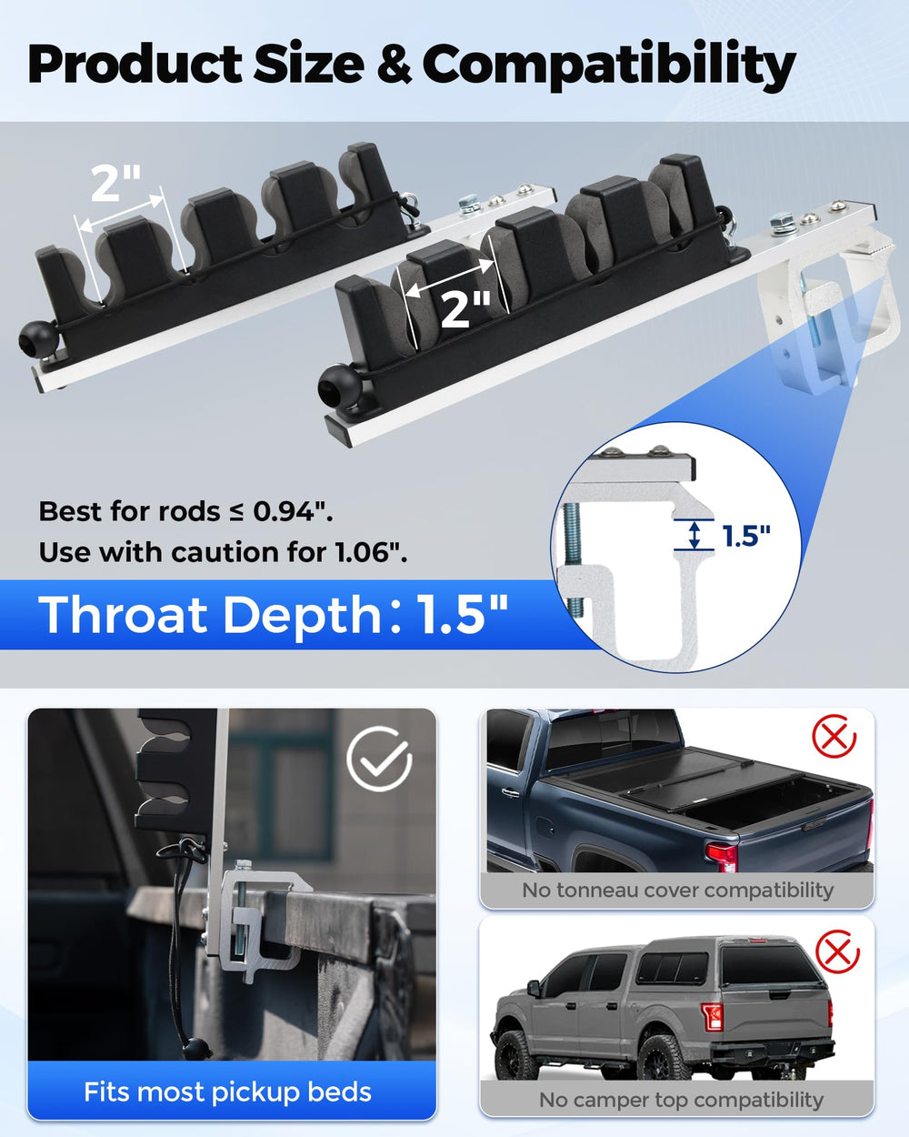 Close-up of the no-drill C-clamp with scratch-proof rubber pads for truck bed mounting