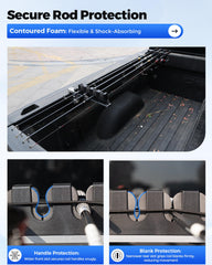 Interior EVA foam inserts securely cradle four fishing rods
