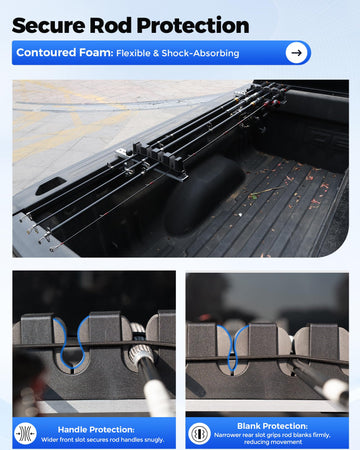 SPIRRELAB EVA foam cradle secures rods without scratches.