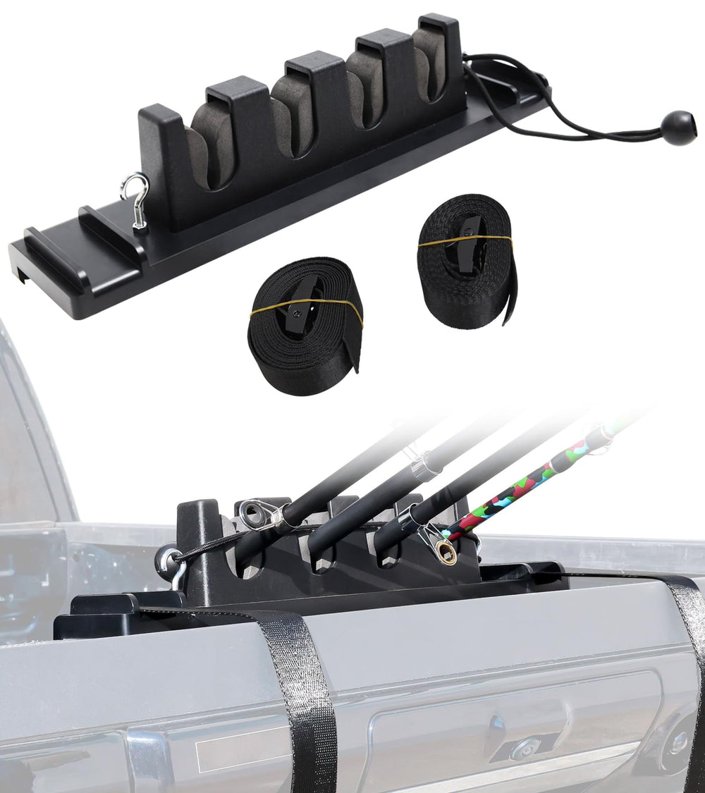 Rods secured in place on a truck bed rod rack during rough-road travel