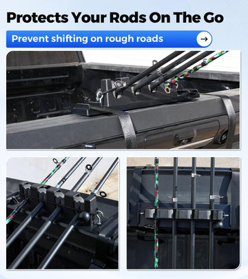 Elastic cords and secure straps securing rods on a truck bed rod rack