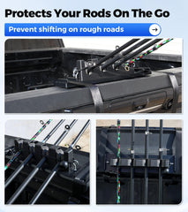 Elastic cords and secure straps securing rods on a truck bed rod rack