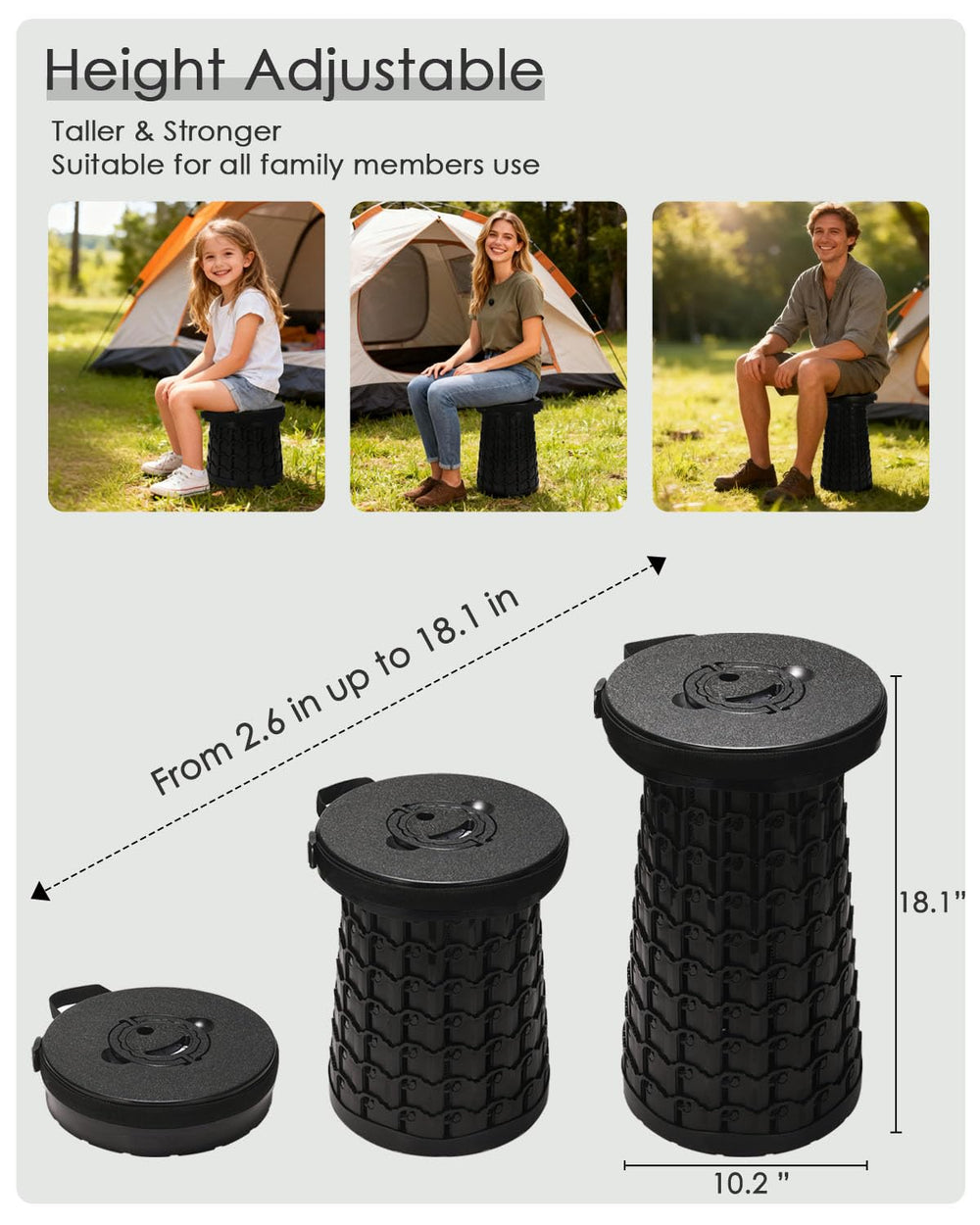 Spisces stool 800lbs capacity demonstrates sturdy support for adults outdoors.