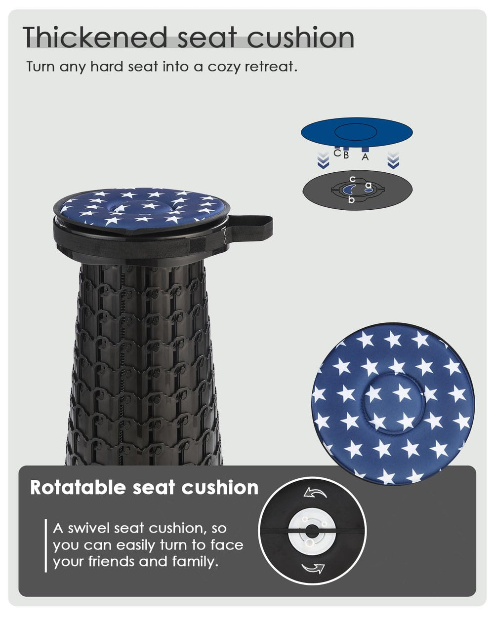 Spisces stool with handle and strap simplifies transport.