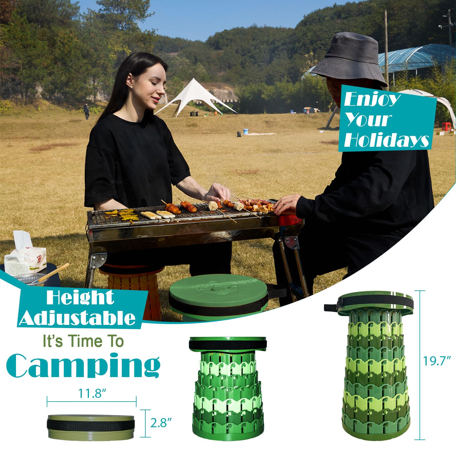 Spisces XXL collapsible stool extended height for comfortable seating at outdoor events.