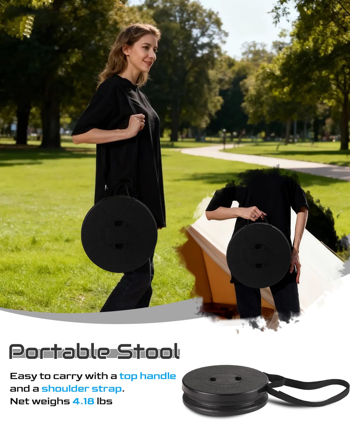 Spisces XXL stool top-handle enables easy carry and quick setup.