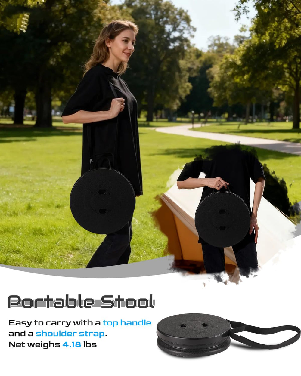 Spisces XXL stool top-handle enables easy carry and quick setup.