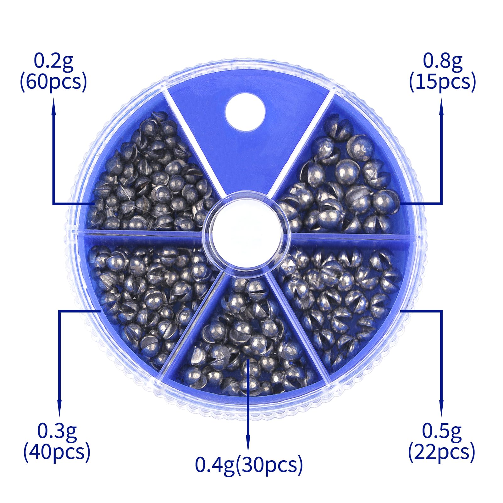 Lead egg weights in 0.2g, 0.3g, 0.4g, 0.5g, and 0.8g