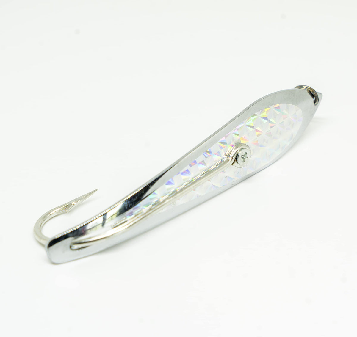 Spoon fishing lure for offshore trolling with 4 1/2 inch blade in silver finish
