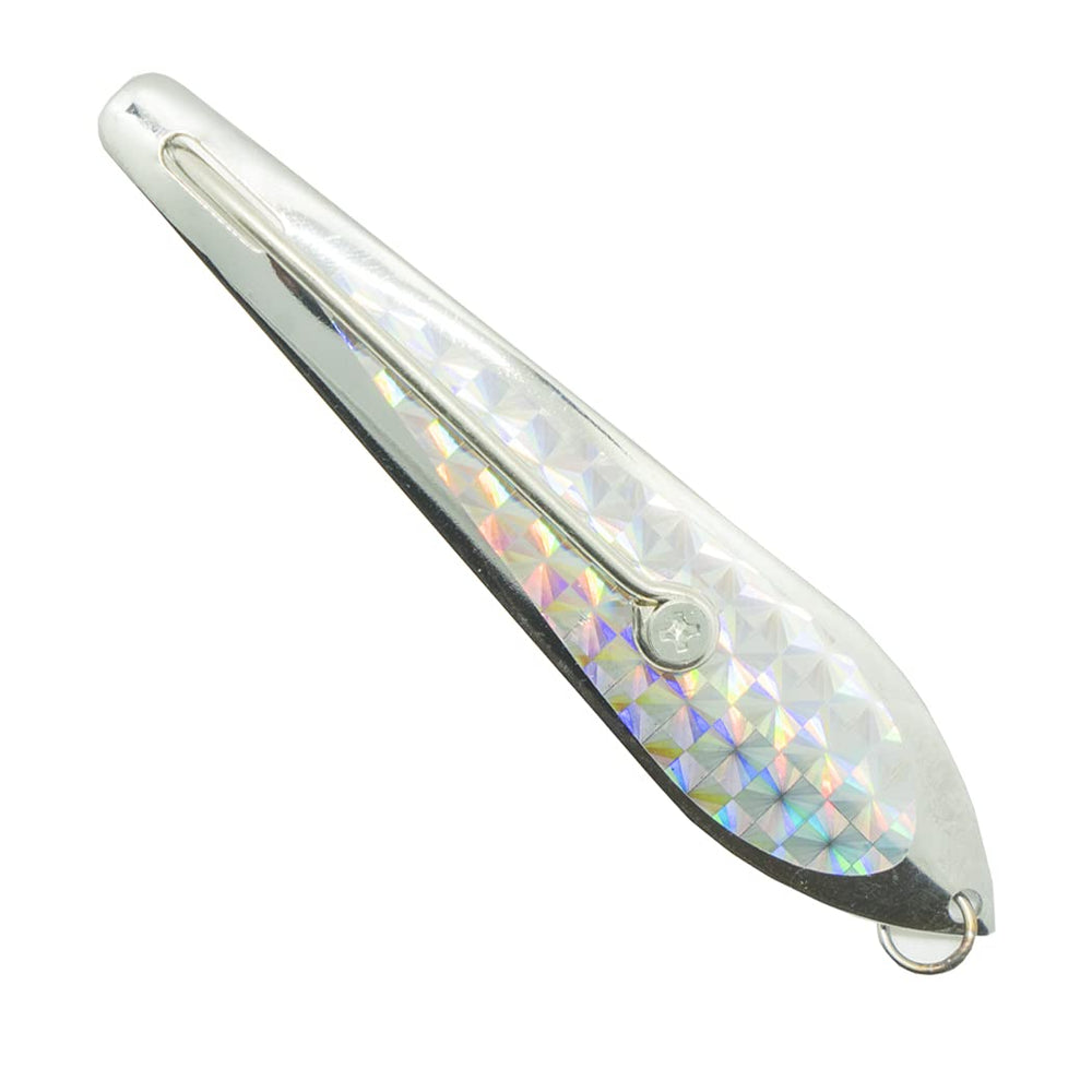 Close-up of 4 1/2-inch silver spoon lure for predatory offshore fish