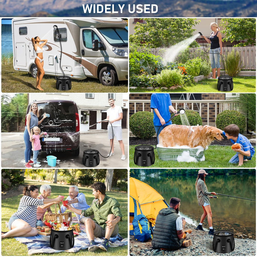 Spopal outdoor scene shows camping, hiking, and pet cleaning with ease