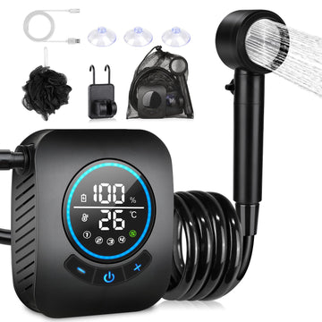 Spopal portable camping shower unit showing compact setup for quick outdoor rinses.