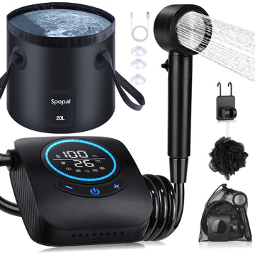 Spopal portable shower controls showing the 5-speed dial for precise rinsing on camping trips.