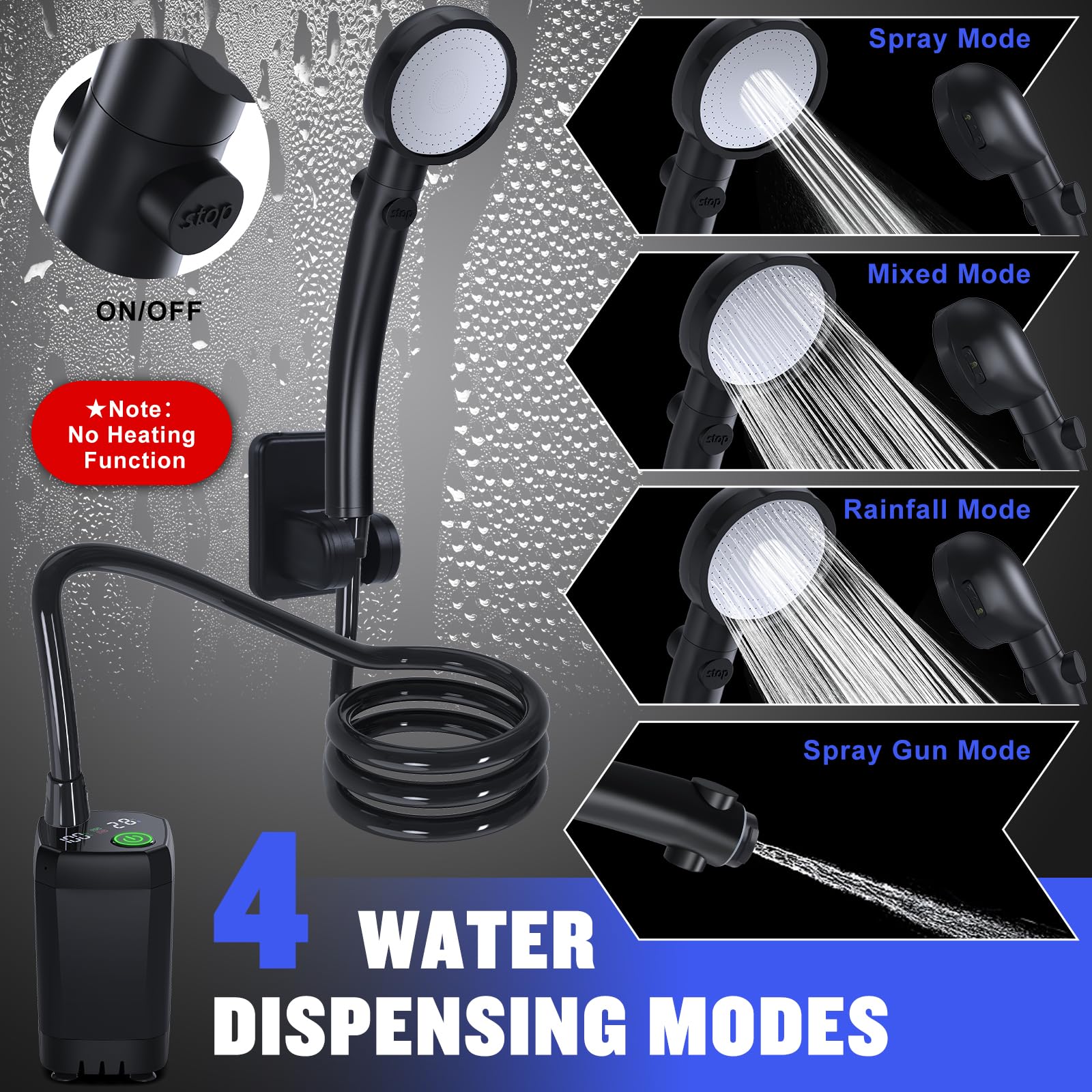 Spopal portable shower water output demonstrates adjustable spray for outdoor tasks