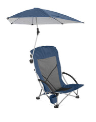 Sport-Brella Beach Chair with umbrella attachment provides flexible shade on the sand