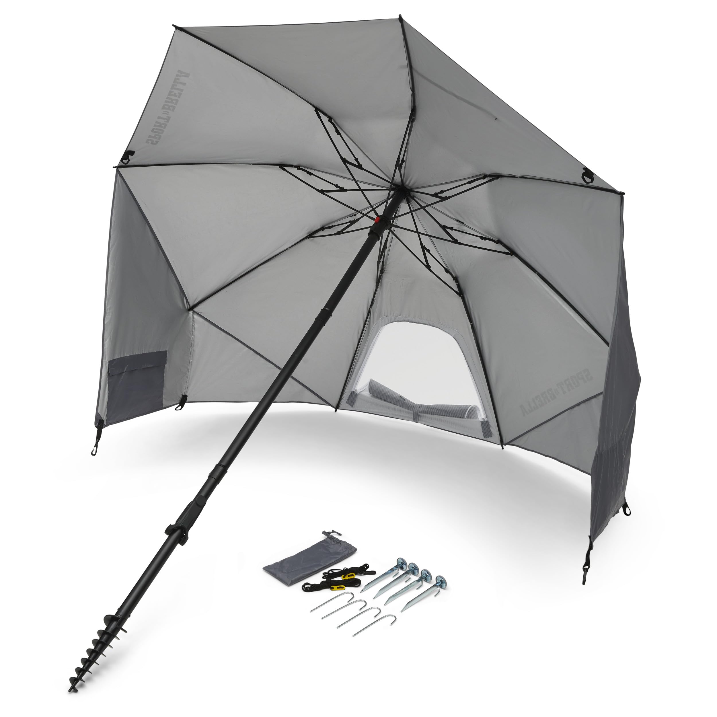 Sport-Brella Fieldedge gray 6-foot canopy shading two to three people.