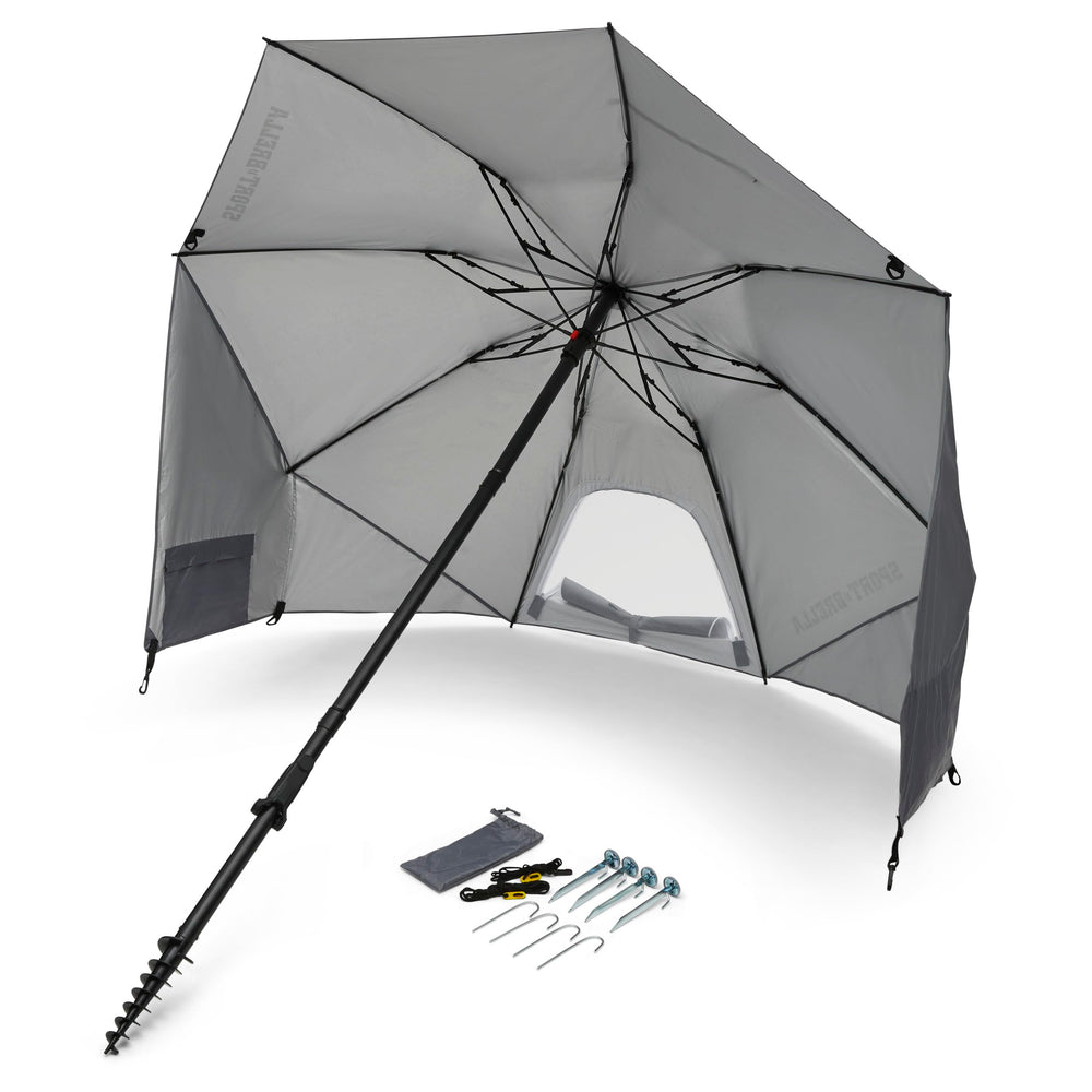 Sport-Brella Fieldedge gray 6-foot canopy shading two to three people.