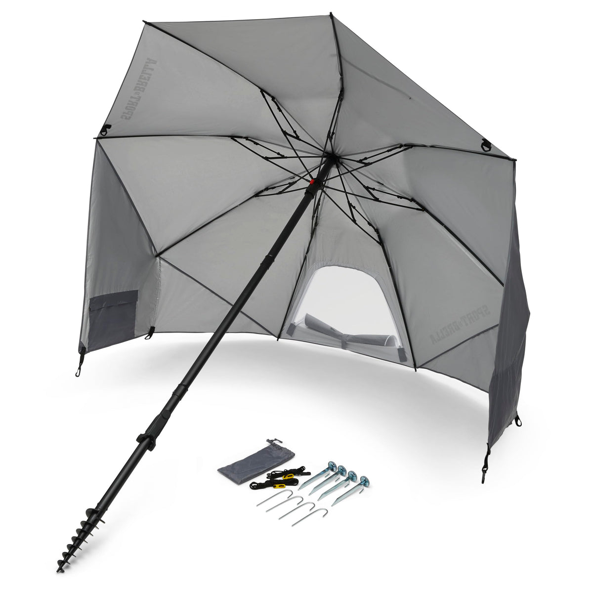 Sport-Brella Fieldedge gray 6-foot canopy shading two to three people.
