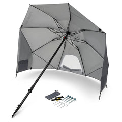 Sport-Brella Fieldedge gray 6-foot canopy shading two to three people.