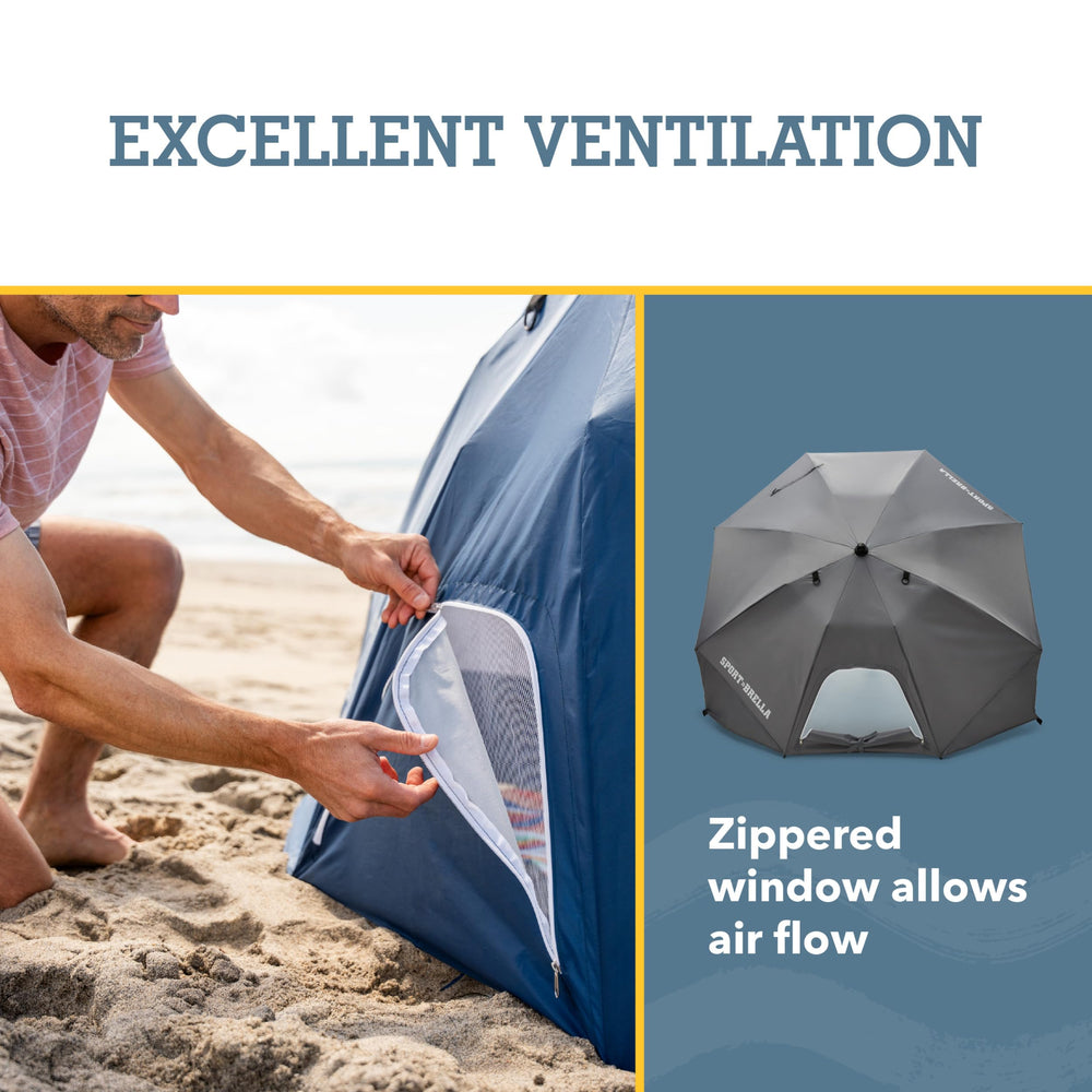 Sport-Brella Fieldedge gray in beach scene offering UPF 50+ sun protection.