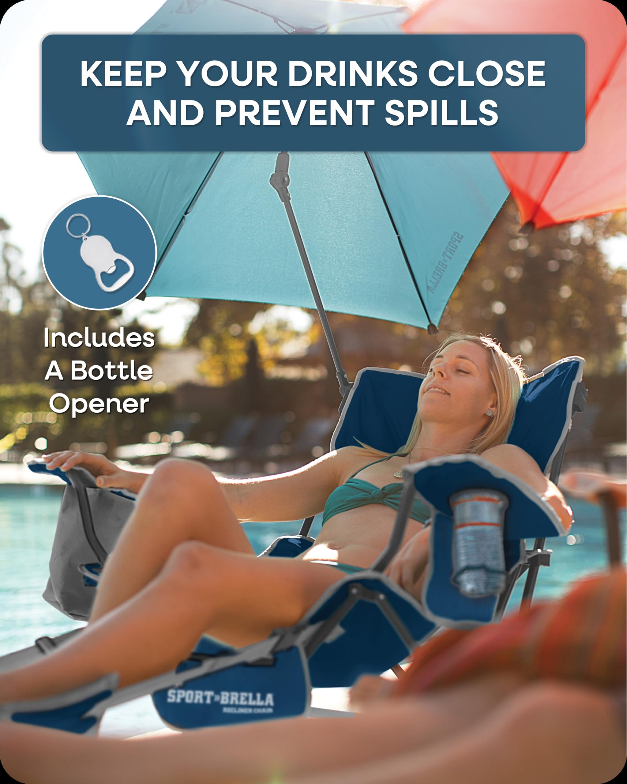 Sport-Brella insulated pocket keeps drinks cold on sunny days.