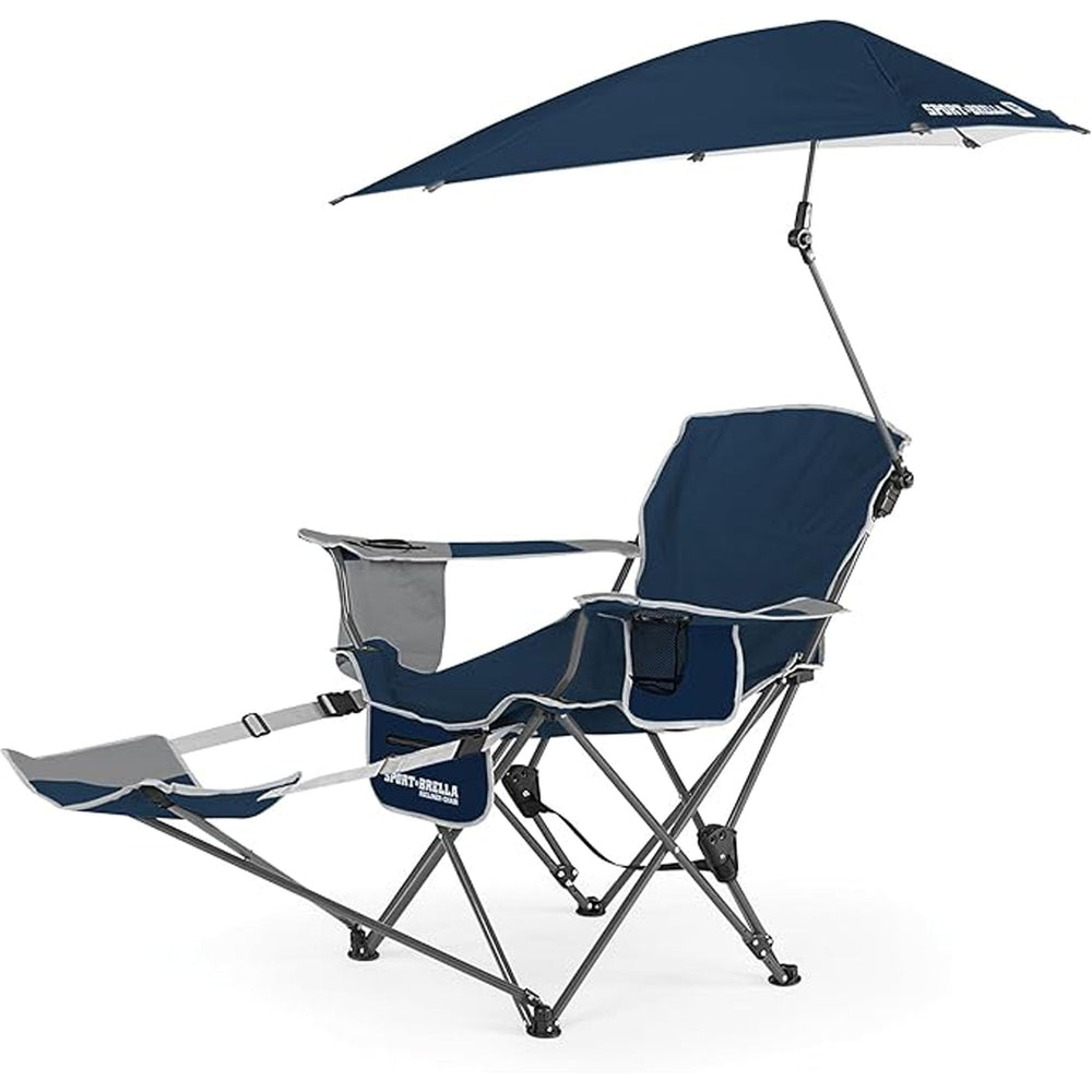 Sport-Brella SB Recliner Chair Midnight Blue umbrella provides shade on sunny beaches.