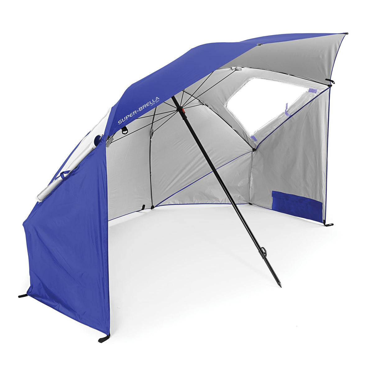 Sport-Brella Super-Brella blue sun shade at the beach provides strong UV protection