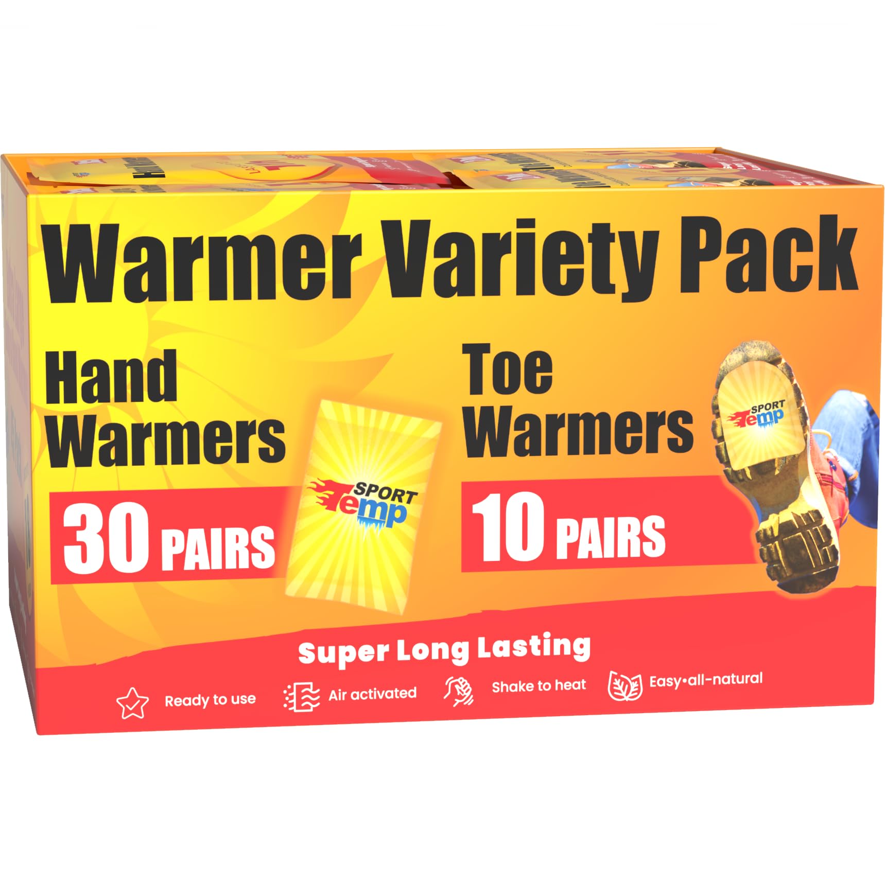 Sport Temp hand warmers variety-pack box showing packaging and long heat supply.