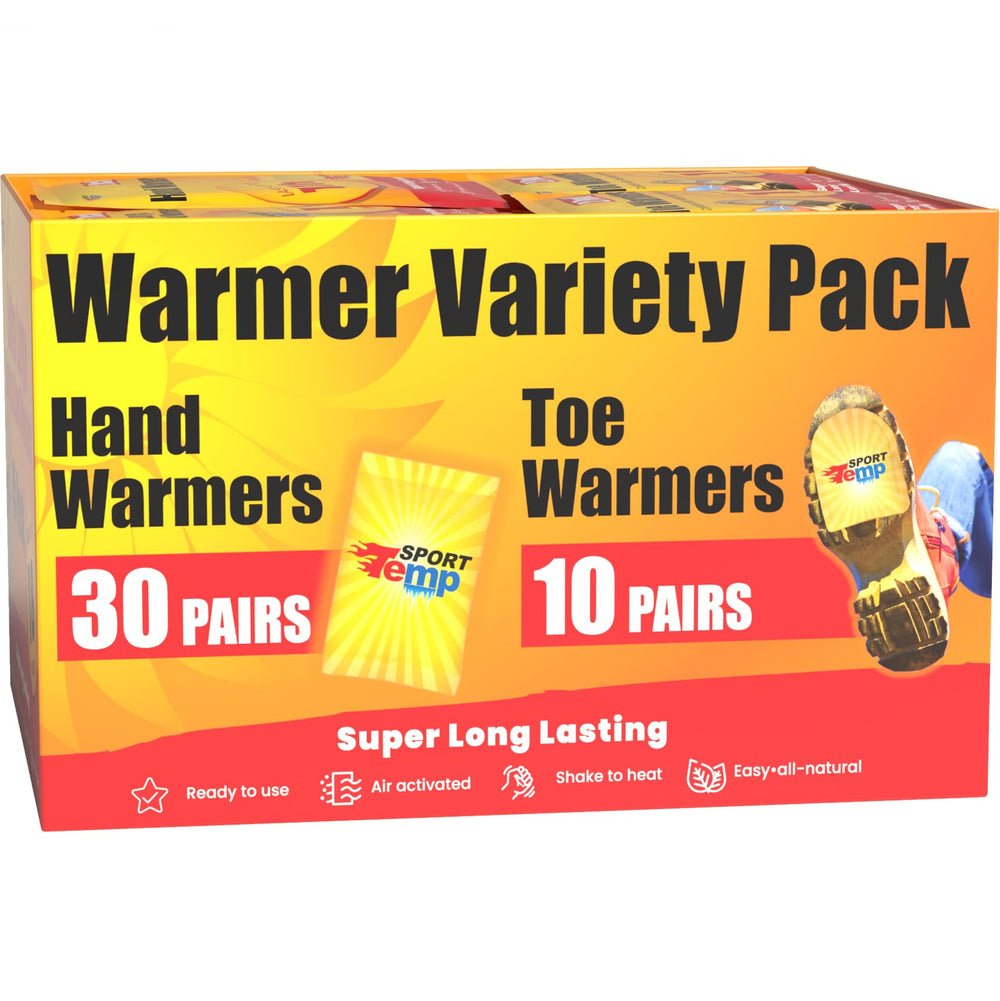 Sport Temp hand warmers variety-pack box showing packaging and long heat supply.