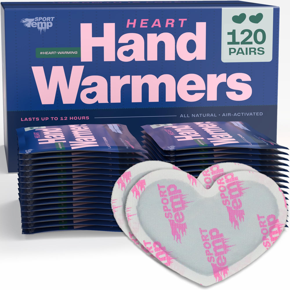 Sport Temp heart-shaped hand warmers packaging demonstrates long-lasting warmth.