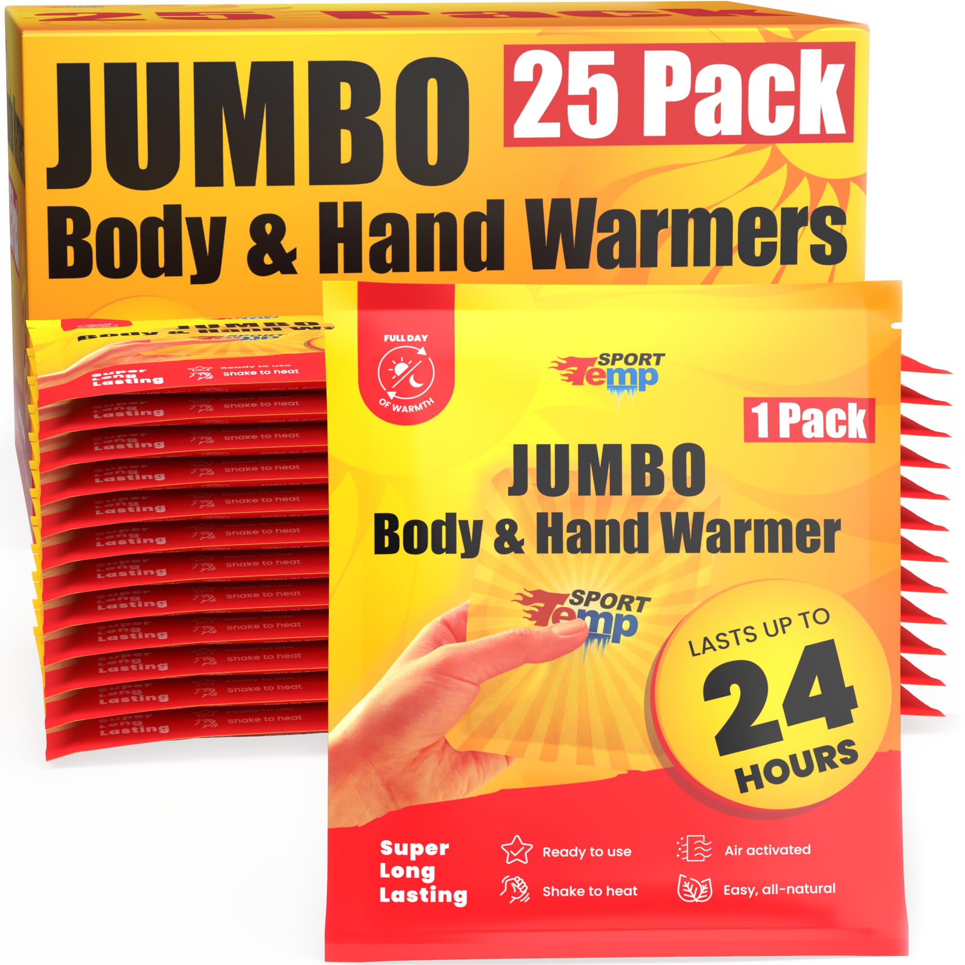Sport Temp jumbo hand body warmers pack highlights 25-count warmth for all-day warmth on the go