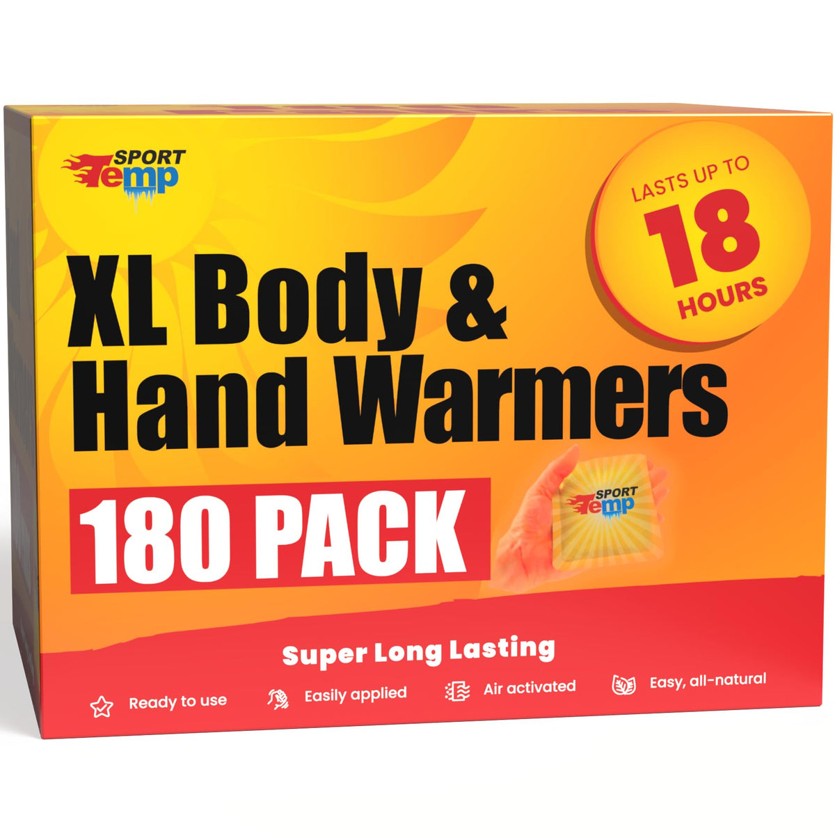 Sport Temp large hand and body warmers 180-pack box showing long-lasting heat for cold adventures.
