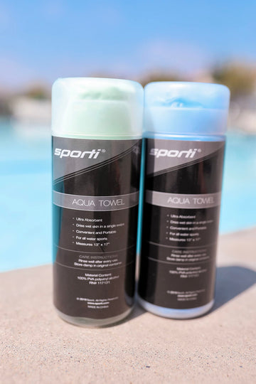 Sporti blue chamois towel folded for compact carry