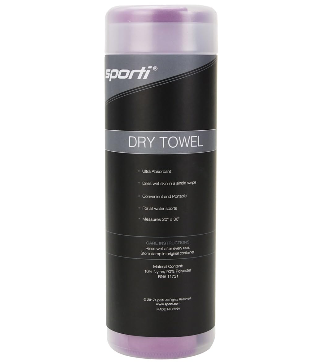 Sporti dark purple towel wrapped after swim for comfortable drying.