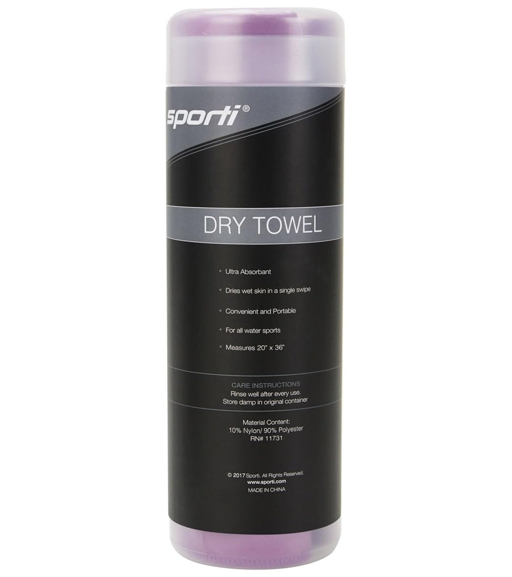 Sporti dark purple towel wrapped after swim for comfortable drying.