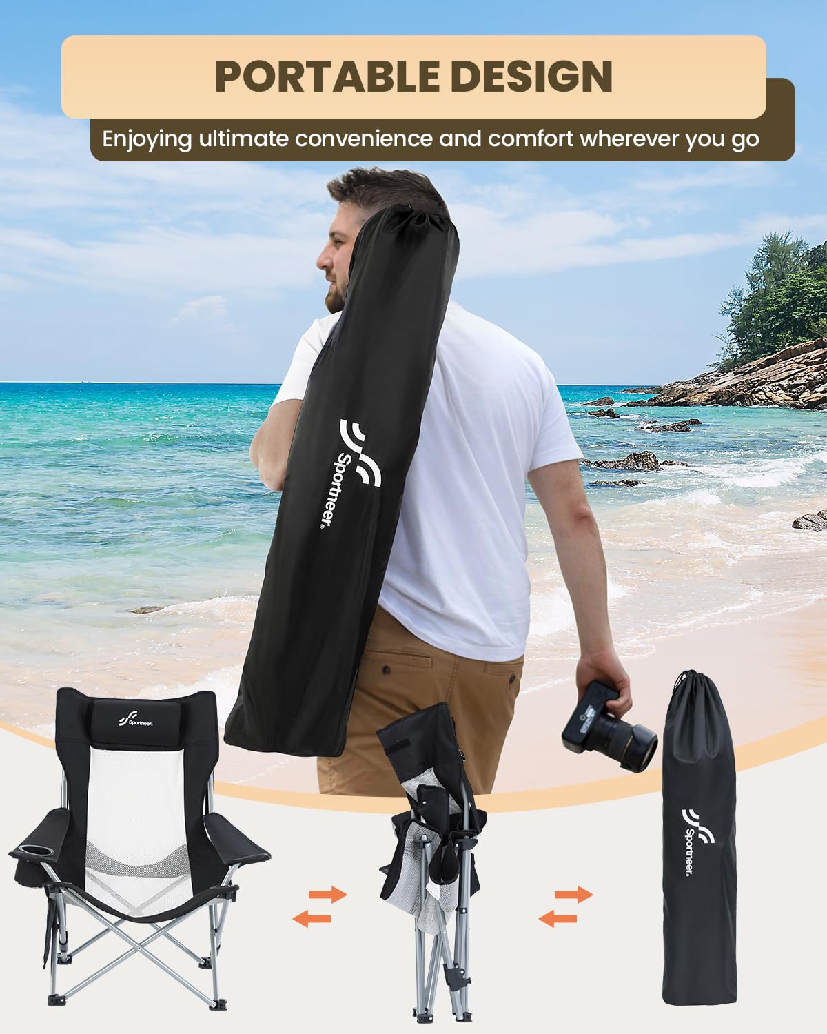 Sportneer Beach Chair anti-sinking feet stabilize on soft sand.