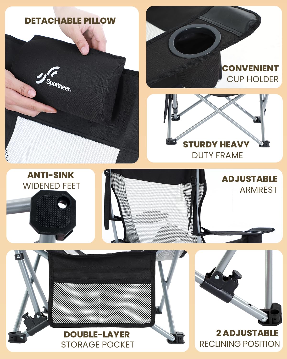 Sportneer Beach Chair breathable fabric stays cool on hot days.
