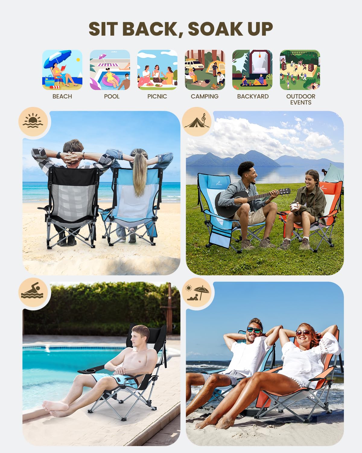 Sportneer Beach Chair is ideal for beach, poolside, and camping adventures.