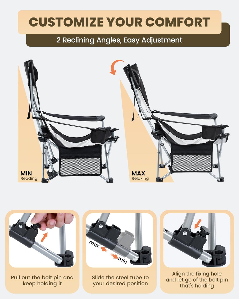 Sportneer Beach Chair side pocket stores sunscreen and phone essentials.