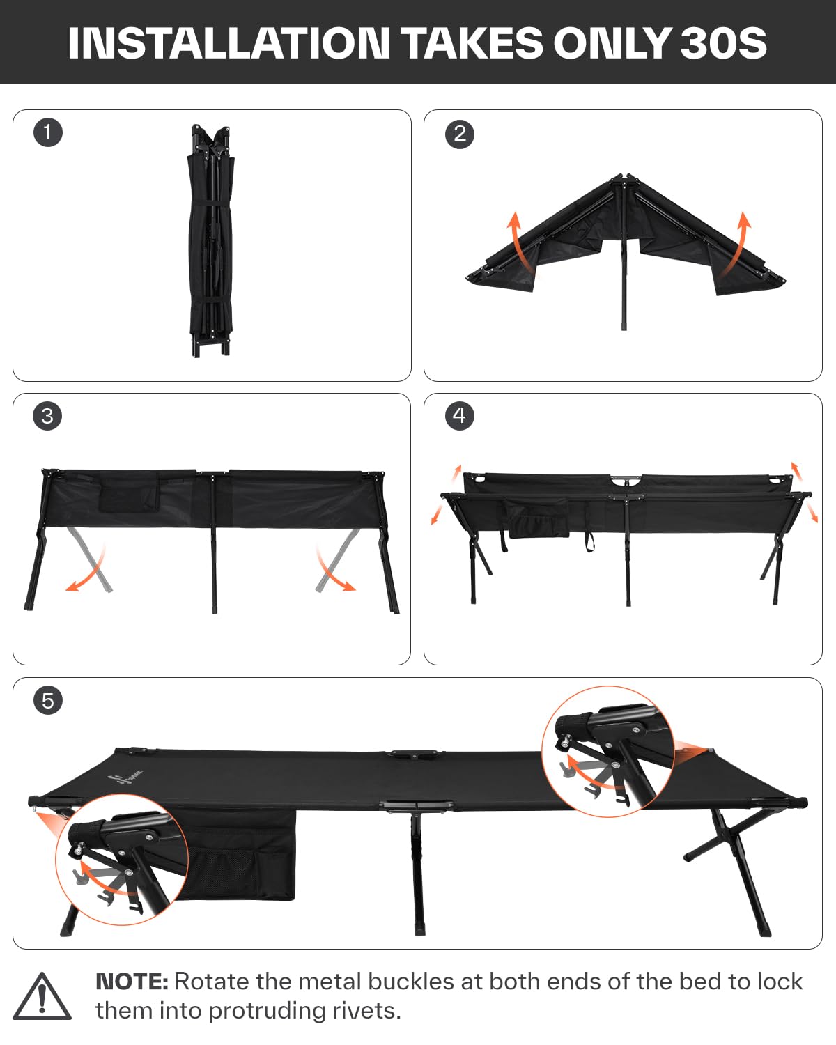 Sportneer camping cot folded compactly, trunk-ready for easy transport and storage.