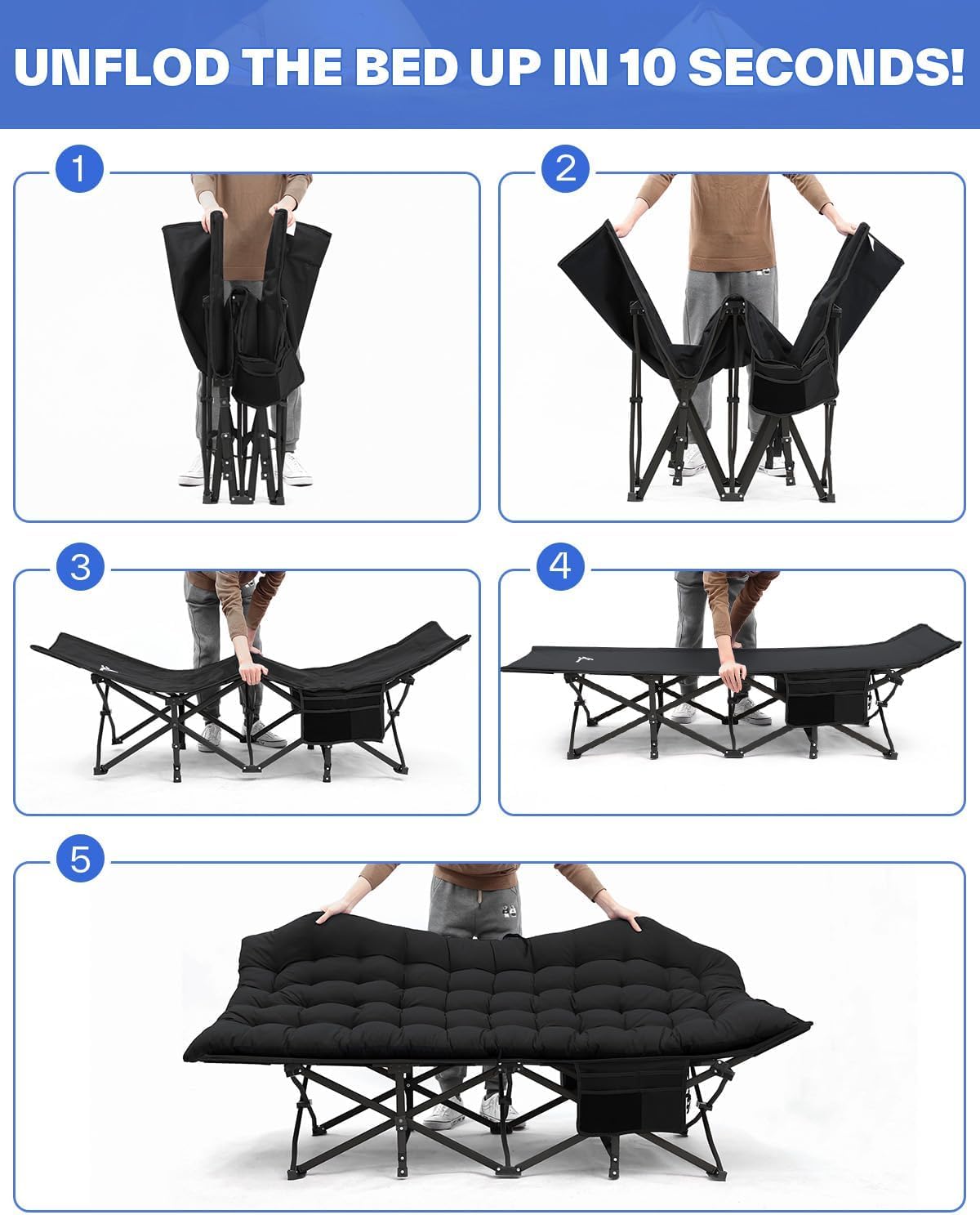 Sportneer camping cot side-pocket-design keeps essentials handy