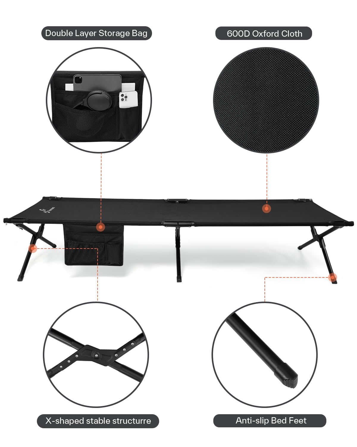 Sportneer camping cot side pockets provide quick access to essentials during trips.
