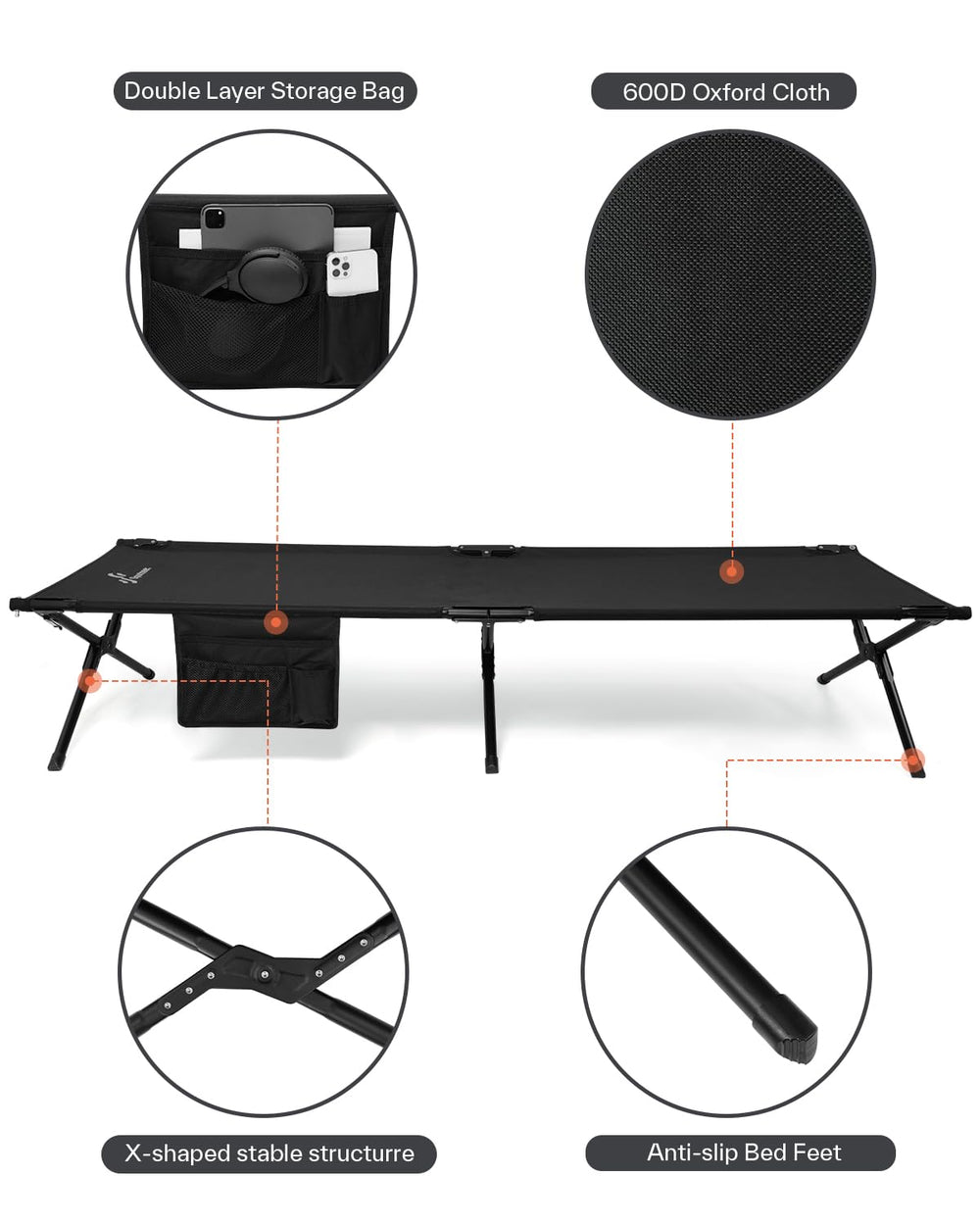 Sportneer camping cot side pockets provide quick access to essentials during trips.